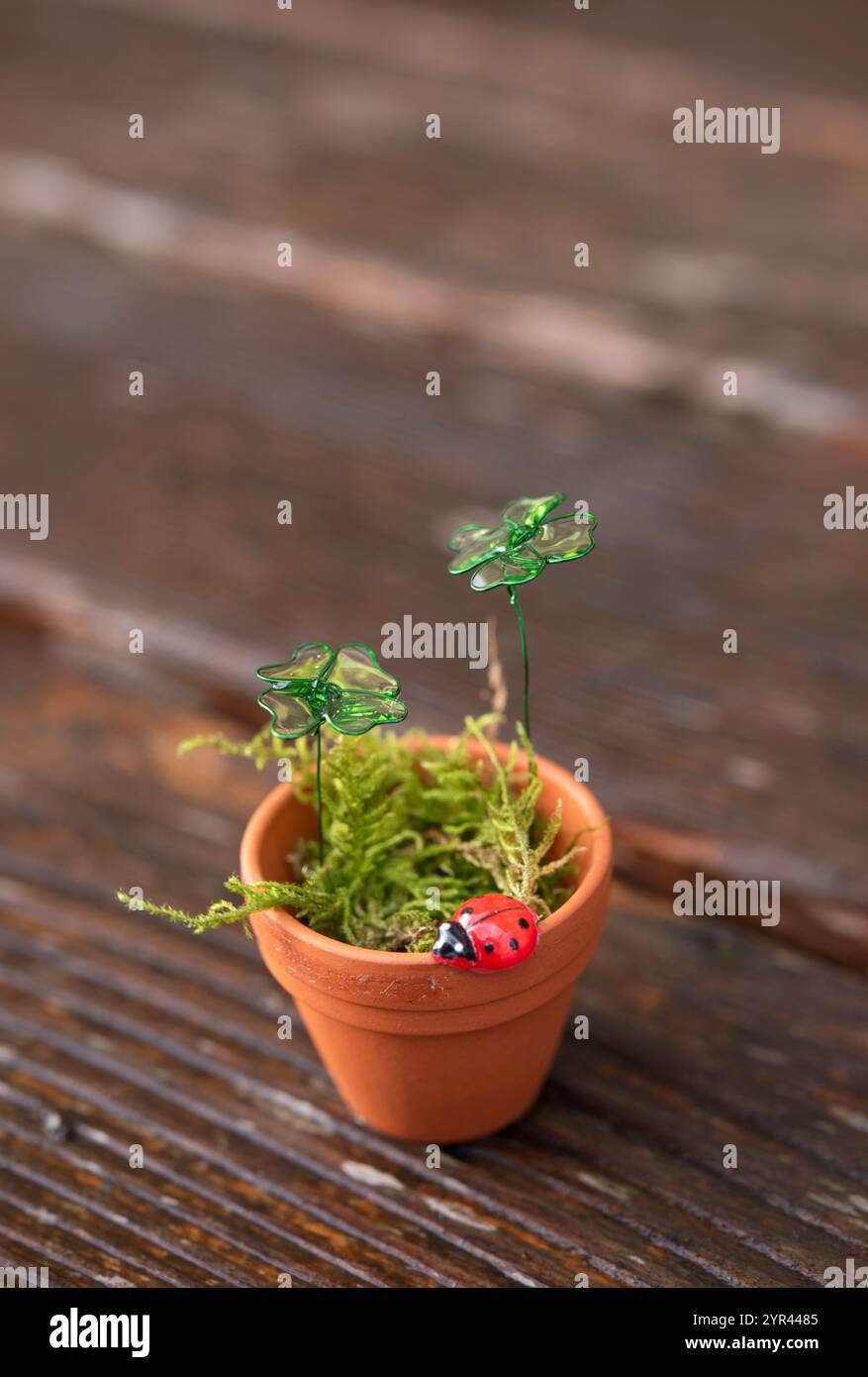 Miniatur-Tontopf mit vierblättrigen Kleeblättern und Marienkäfer - handgefertigte Dekoration. Symbol für viel Glück im Neujahr. Stockfoto