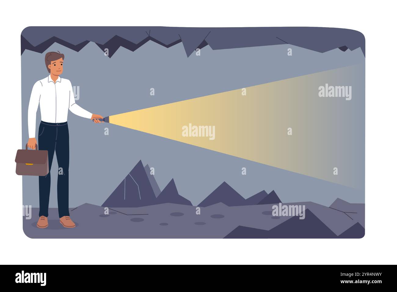 Mutiger Geschäftsmann findet Weg in die Dunkelheit und sucht mit Taschenlampen nach neuen Karrieremöglichkeiten Stock Vektor