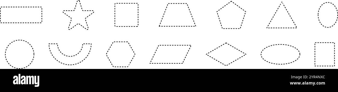 Gepunktete Rahmen mit einfachen gestrichelten Linien. Rechteckige und runde Umrisselemente für Coupon- oder Etikettenformen. Illustration des flachen Vektors isoliert auf weiß Stock Vektor