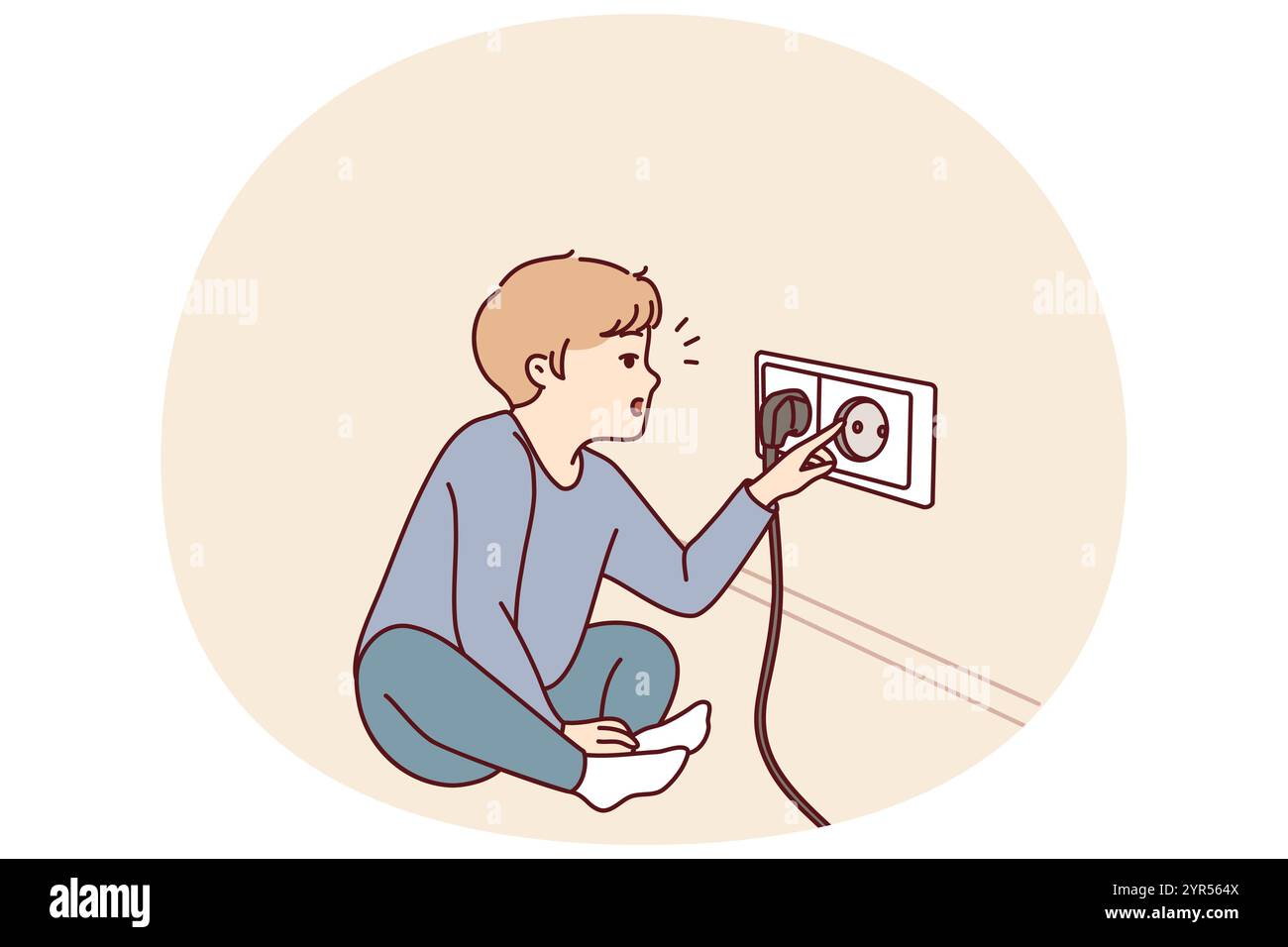 Der kleine Junge steckt seine Finger in die Steckdose, spielt mit elektrischen Geräten und riskiert einen Stromschlag. Neugieriges Vorschulkind zieht die Finger an die Steckdose und braucht die Aufmerksamkeit der Eltern Stock Vektor