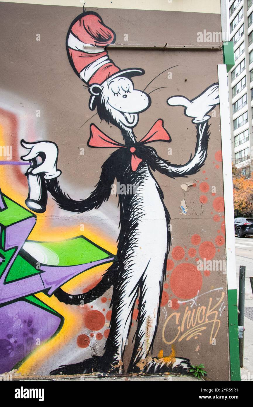 Dr. Seuss Cat im hat-Wandgemälde an der McCaul Street in der Innenstadt von Toronto, Ontario, Kanada Stockfoto