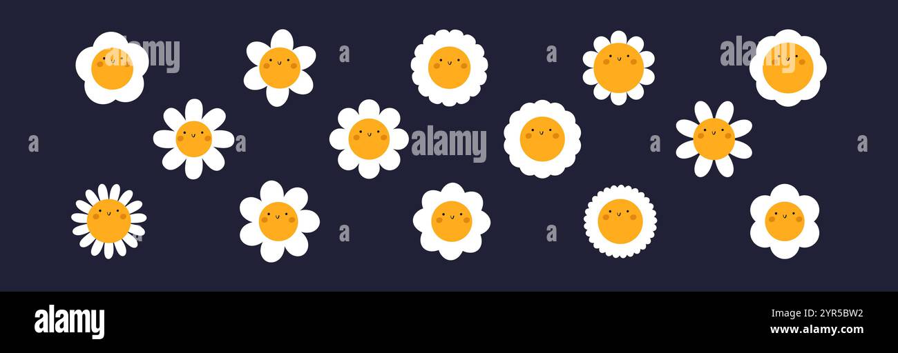 Groovy Gänseblümchen-Gesichts-Kollektion. Das Kamille-Retro-Lächeln im Cartoon-Stil. Happy Sticker von 70s. Grafische Vektordarstellung Stock Vektor