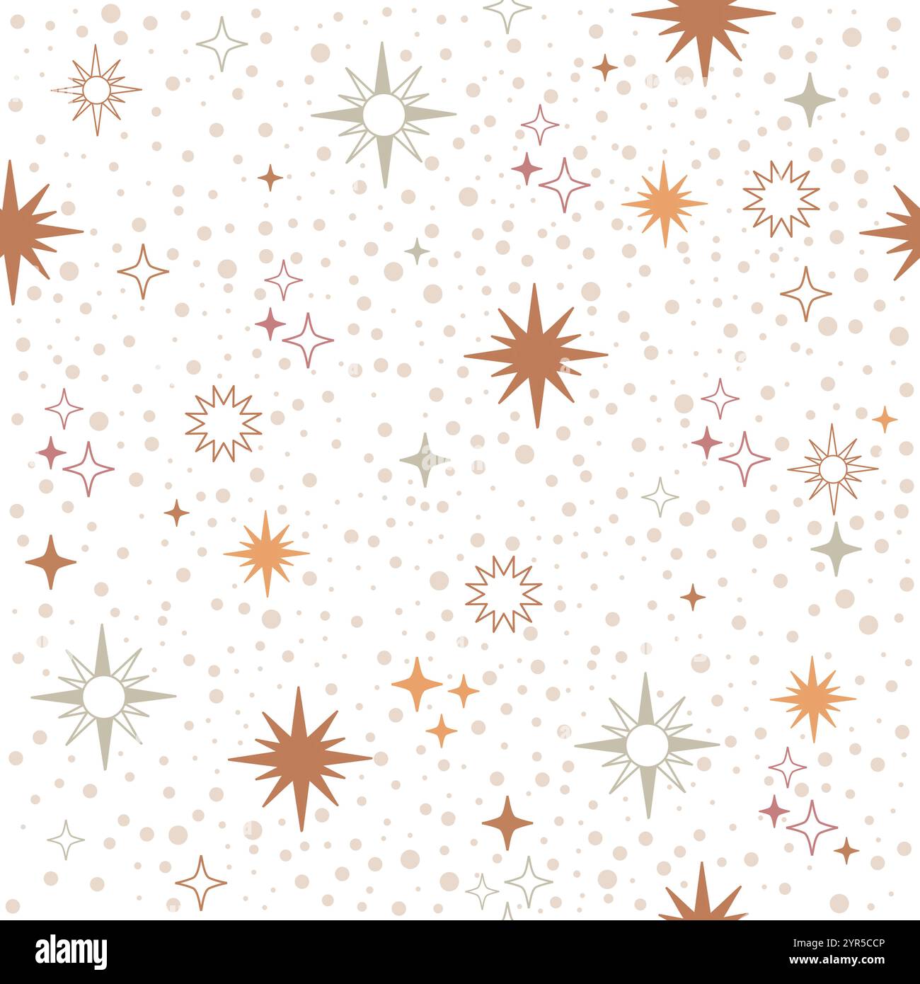 Trendiges nahtloses Muster mit linearen Sternen und Funken in minimalistischem Stil. Boho-mystische Esoterik. Vektorabbildung. Rosafarbener Hintergrund für Design, Stock Vektor