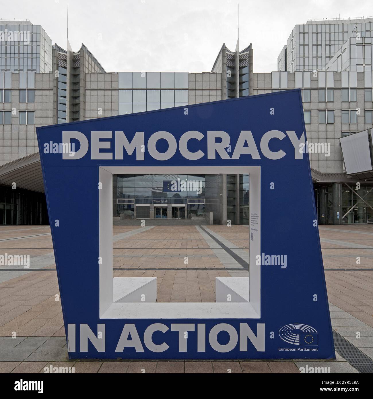 Demokratie in Aktion, Eingang zum Altiero Spinelli-Gebäude, Europäisches Parlament, Brüssel, Belgien, Europa Stockfoto