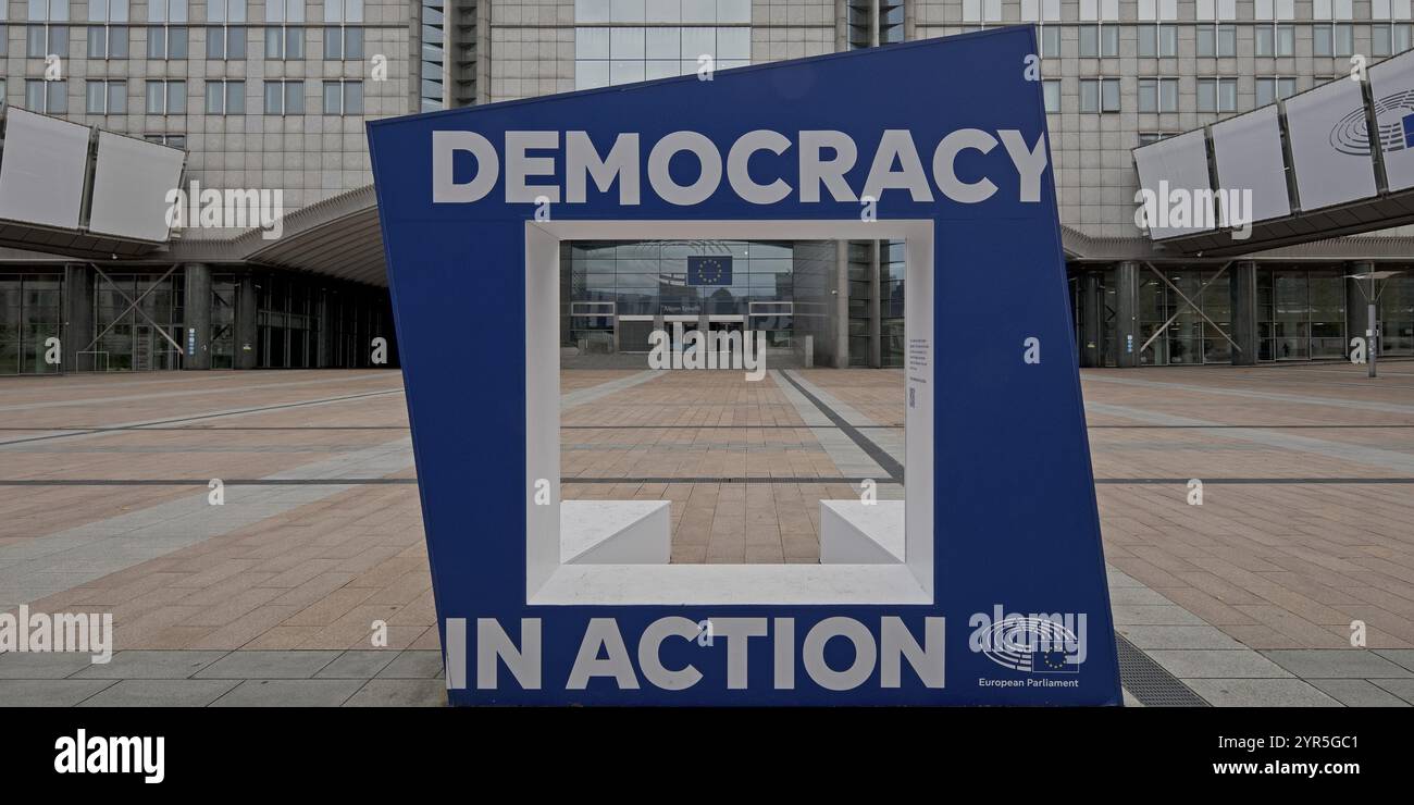 Demokratie in Aktion, Eingang zum Altiero Spinelli-Gebäude, Europäisches Parlament, Brüssel, Belgien, Europa Stockfoto