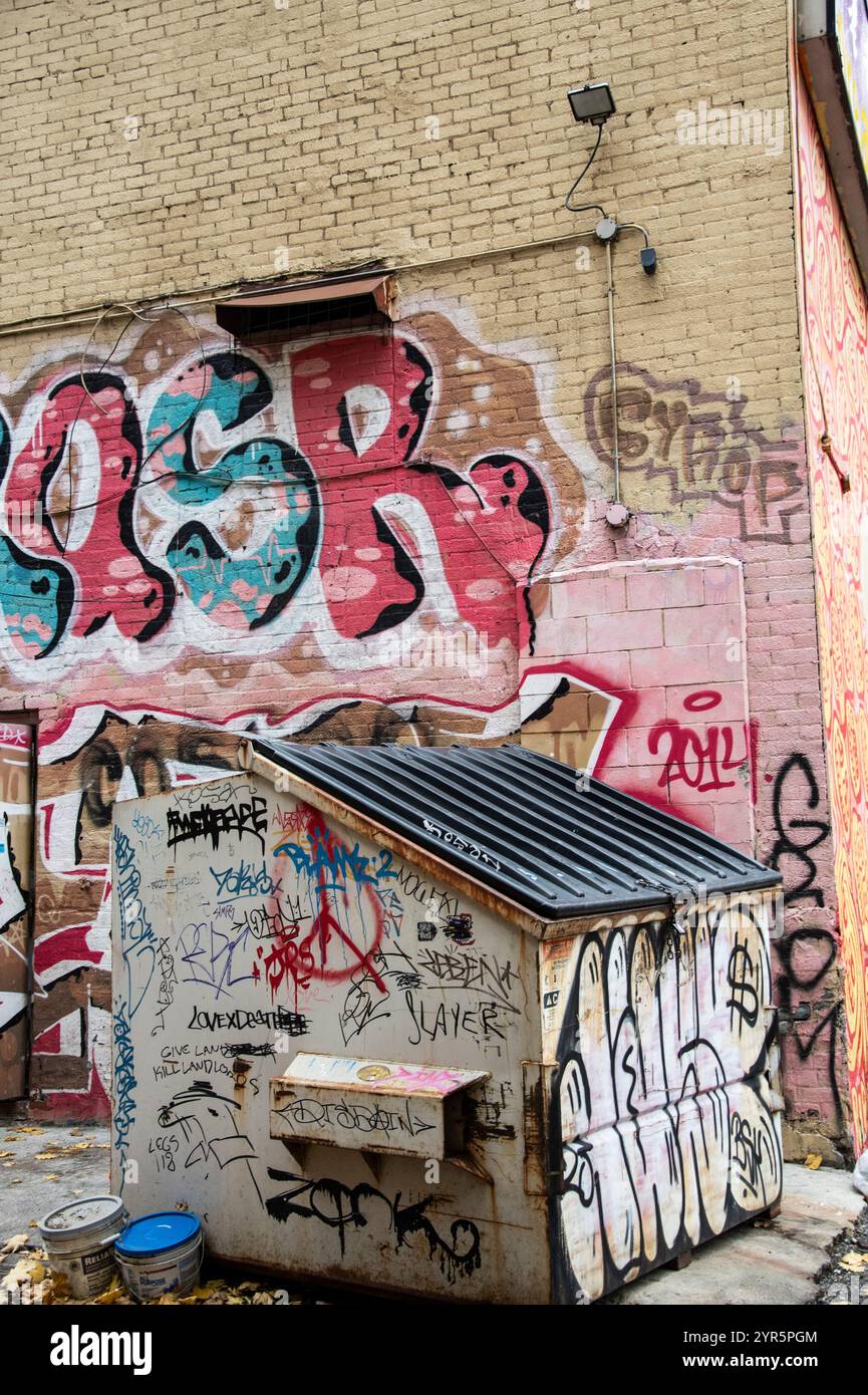 Graffiti auf einem Müllcontainer und Gebäude am Renfrew Place in der Innenstadt von Toronto, Ontario, Kanada Stockfoto