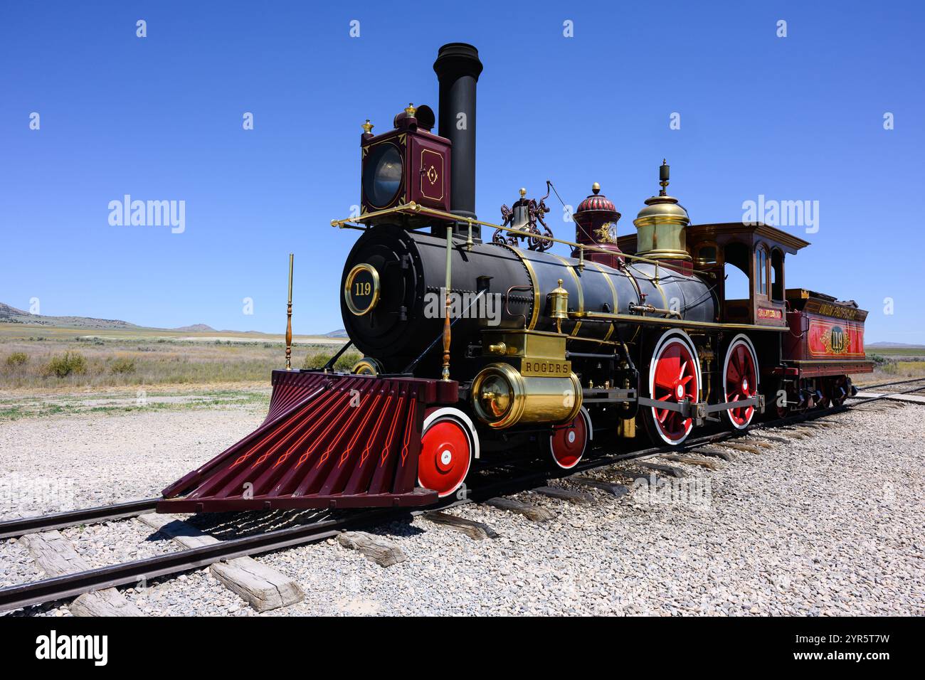 Corinne, UT, USA – 23. Juni 2024; Nachbildung der Union Pacific Dampflokomotive Nummer 119 im Golden Spike Stockfoto