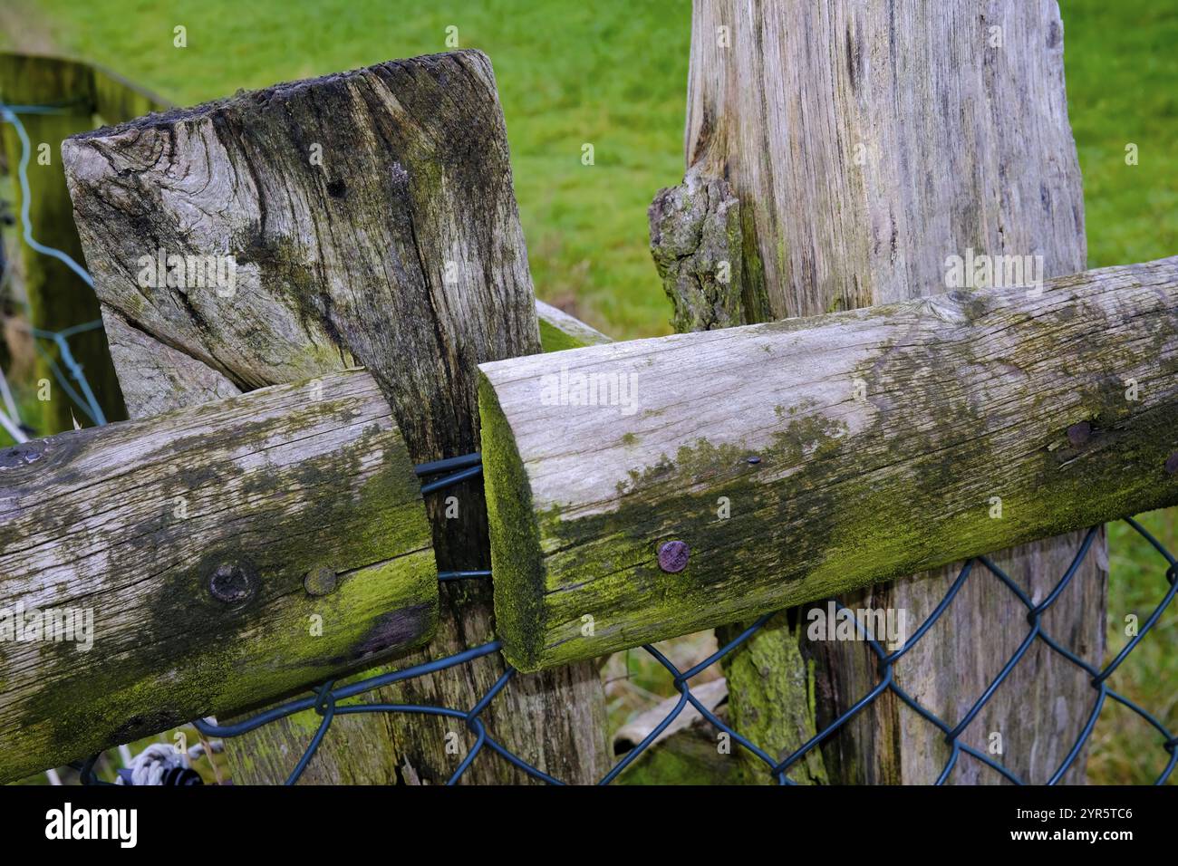 Nahaufnahme eines rustikalen Holzzauns mit Moos und Metalldraht in einer ländlichen Landschaft Stockfoto