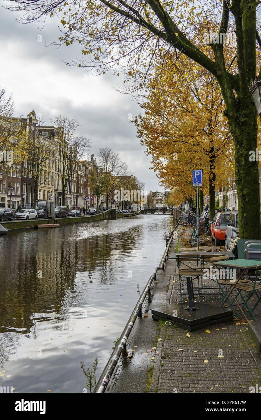 Grachtenpromenade im Herbst, gesäumt von Stühlen und herbstlichen Bäumen, Amsterdam, Niederlande Stockfoto