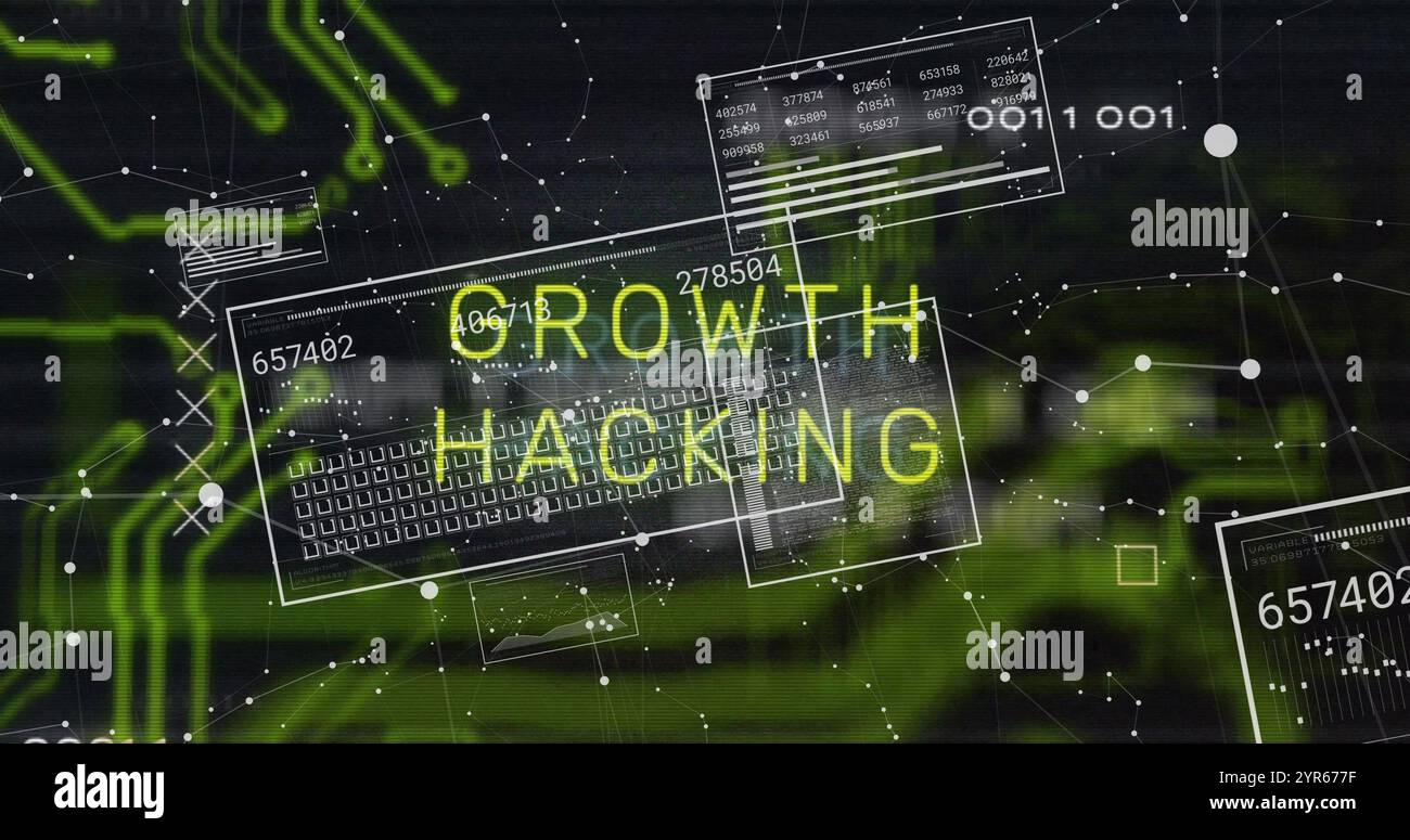 Bild: Hacking von Text und Datenverarbeitung über ein Netzwerk von Verbindungen auf schwarzem Hintergrund Stockfoto