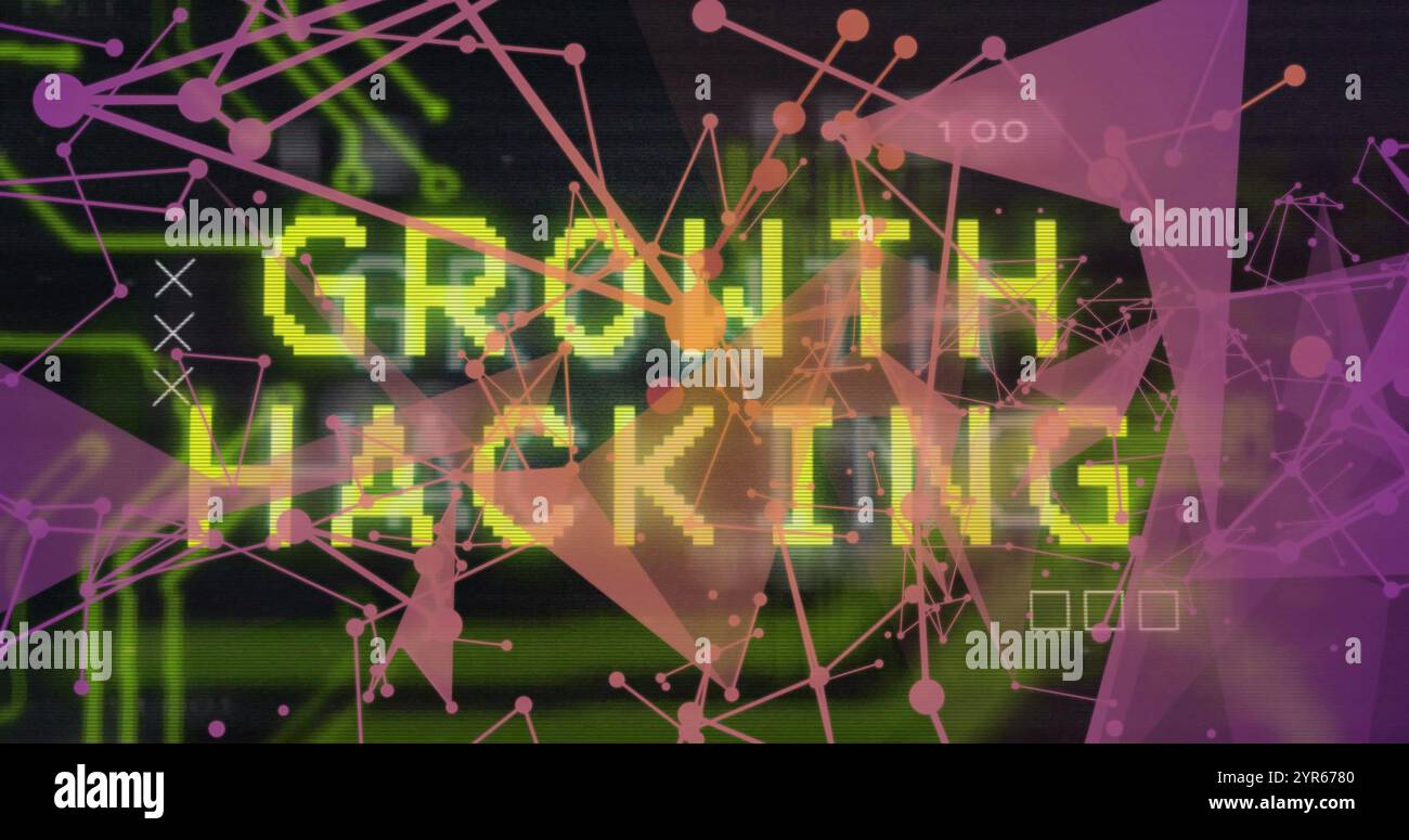 Bild von Wachstum, das Text über Kommunikationsnetzwerk und Motherboard auf Schwarz hackt Stockfoto