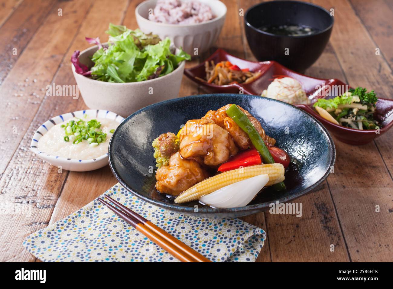 Wakadori-Hühnchen und Gemüse der Saison mit schwarzer Essigsauce Stockfoto