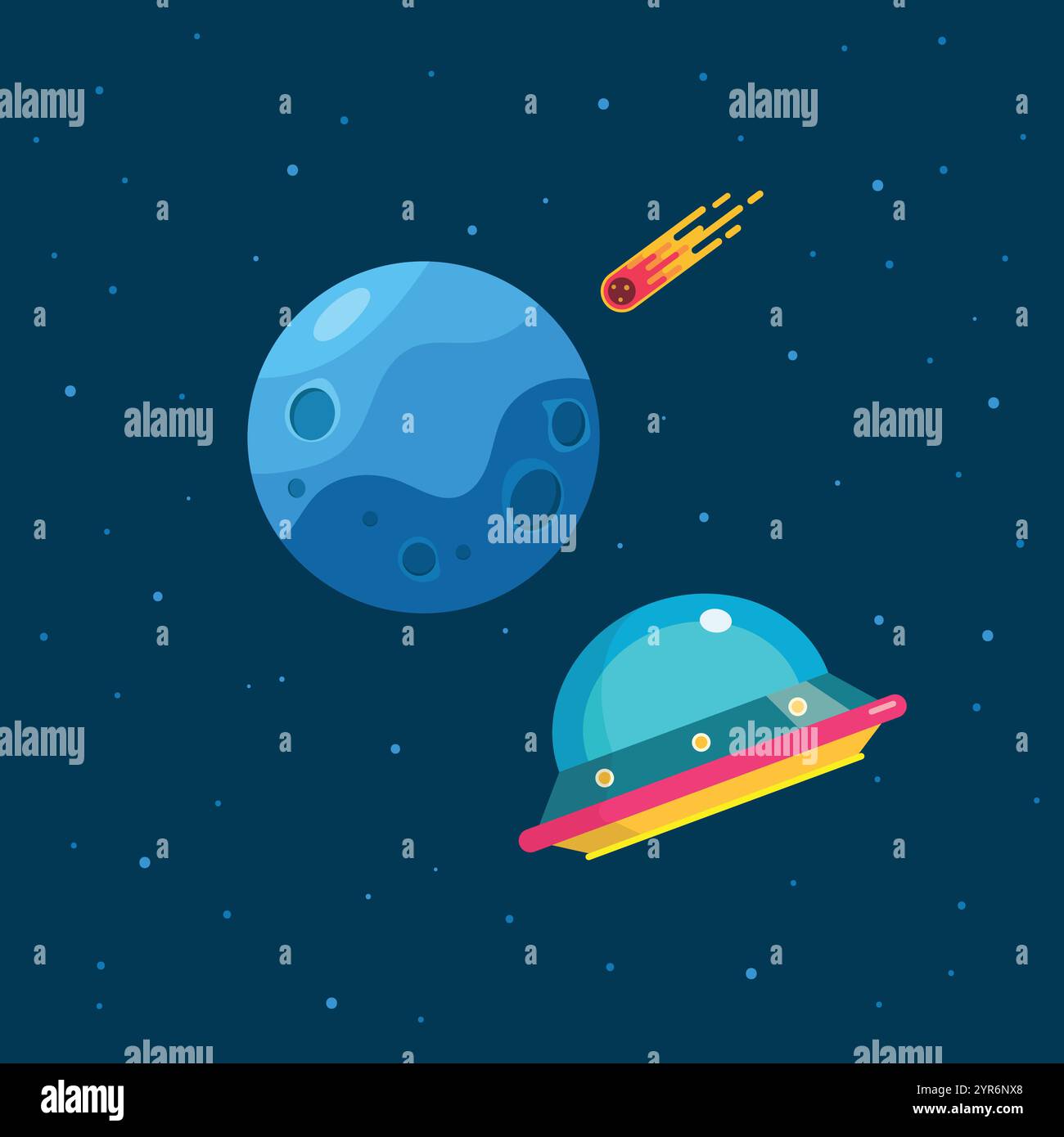 UFO-Raumschiff mit blauem Planeten. UFO Flucht vom blauen Planeten. Meteoreneinschlag auf den blauen Planeten. Vektorabbildung Stock Vektor