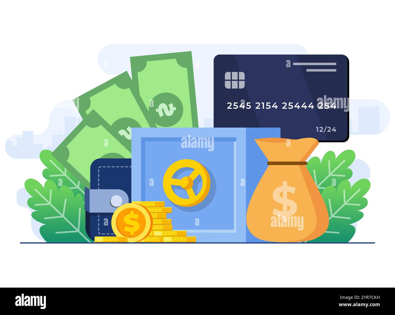 Bankinvestitionen flach Illustration Konzept, Einlagen, Kredite, Börse, Geldschutz, Einsparungen und Finanzierung Stock Vektor