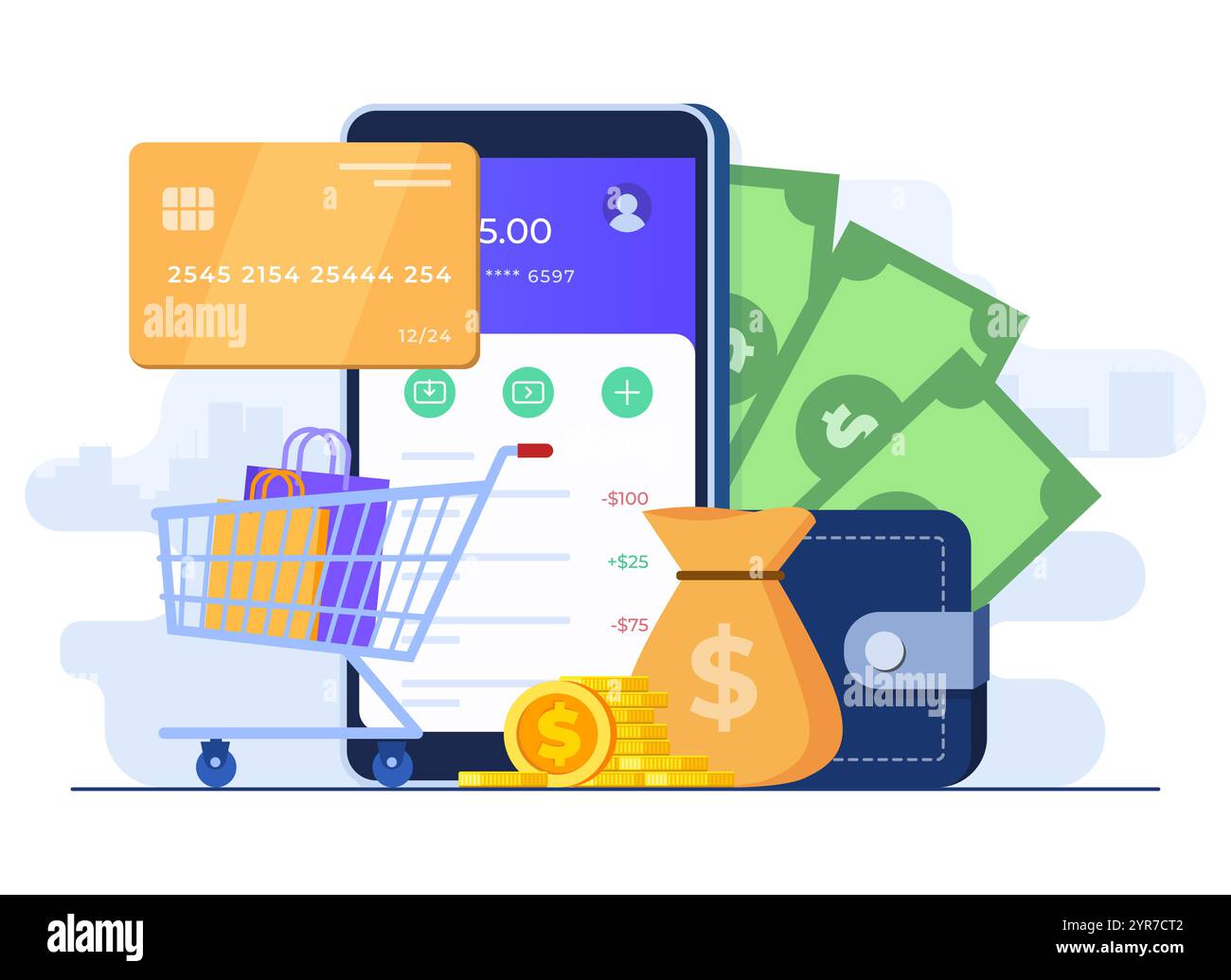 Flache Illustration des Online-Shopping-Konzepts, digitales Zahlungs-Gateway, Mobile Wallet-App, Online-Geldtransfers, E-Payment, digitales Banking, bargeldlose PA Stock Vektor