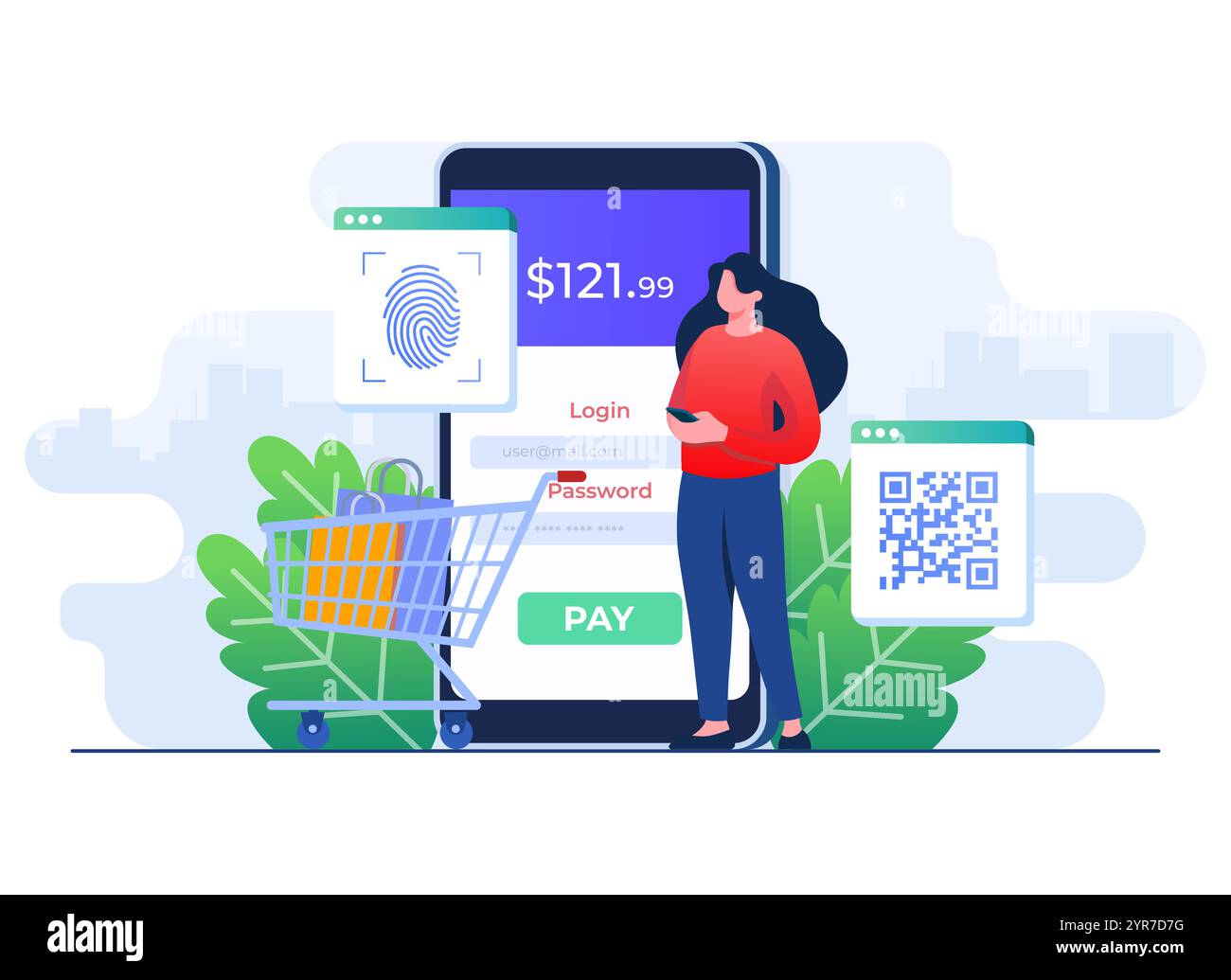 Online-Zahlung mit Fingerabdruck-Scanner und qr-Code, Secure Payment Transaction Konzept flache Illustration Vektorvorlage, Online Payment Gateway, Onl Stock Vektor