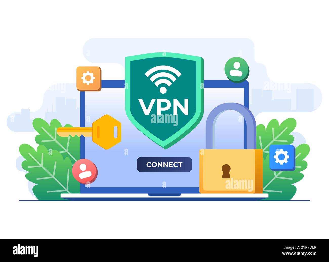 Flache Abbildung des virtuellen privaten Netzwerks, sicherer Webverkehr, verschlüsselte Datenübertragung, VPN-Zugriff, Schutz digitaler persönlicher Daten, Remote-Server, S Stock Vektor
