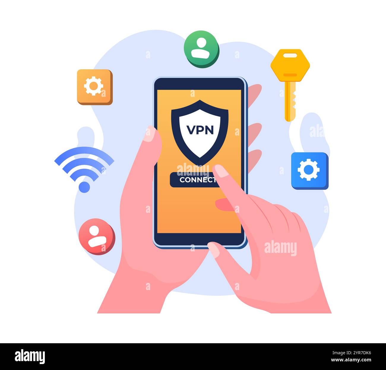 Smartphone in der Hand halten und versuchen, VPN, virtuelles privates Netzwerk, sicherer Webverkehr, verschlüsselte Datenübertragung, sicherer Netzwerkzugriff, Sicherheit Stock Vektor