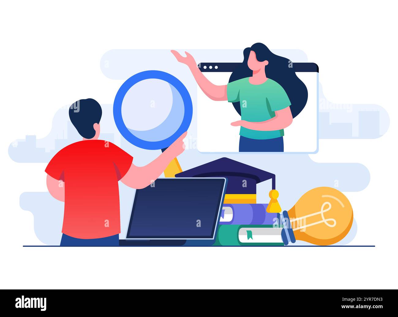 Illustration des flachen Vektors für Online-Bildung, Fernunterricht, E-Learning, Online-Kurs, Online-Webinar, Video-Tutorial, Fernunterricht Stock Vektor