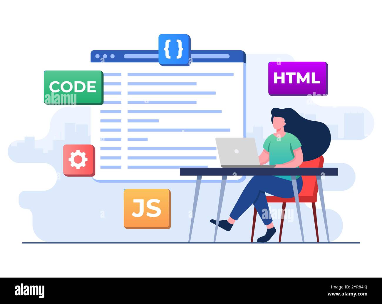 Webentwickler Verdrahtungscode oder -Programm mit Laptop, Computerprogrammierung, Java, HTML-Symbole, Webdesign, Software, Anwendungsdesign, lan-Programmierung Stock Vektor