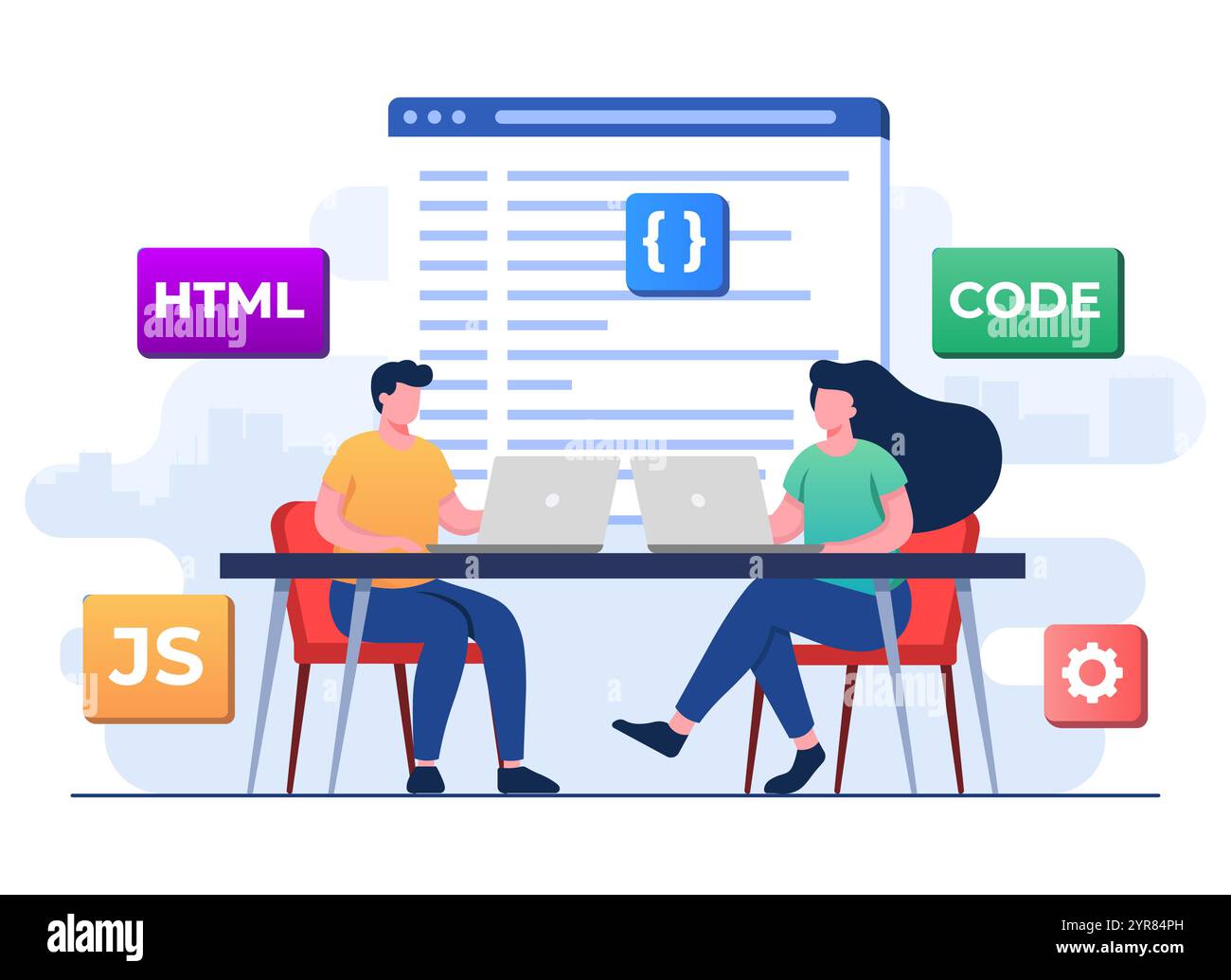 Webentwickler Verdrahtungscode oder -Programm mit Laptop, Computerprogrammierung, Java, HTML-Symbole, Webdesign, Software, Anwendungsdesign, lan-Programmierung Stock Vektor