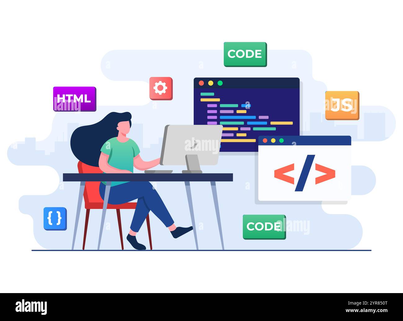 Webentwickler Verdrahtungscode oder -Programm mit Laptop, Computerprogrammierung, Java, HTML-Symbole, Webdesign, Software, Anwendungsdesign, lan-Programmierung Stock Vektor