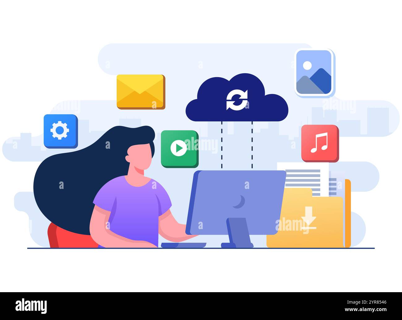 Frau, die mit Cloud Computing und Datenbankdiensten arbeitet, Daten synchronisieren, sichere Dateifreigabe, Dateien auf dem Cloud-Server hochladen und herunterladen, Daten BA Stock Vektor