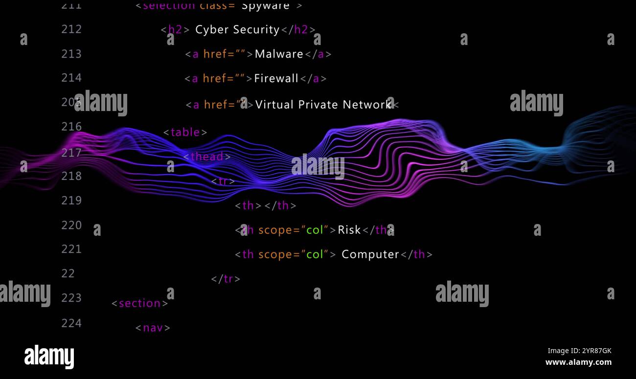 HTML-Code mit farbenfrohem Wellenbild auf schwarzem Hintergrund Stockfoto