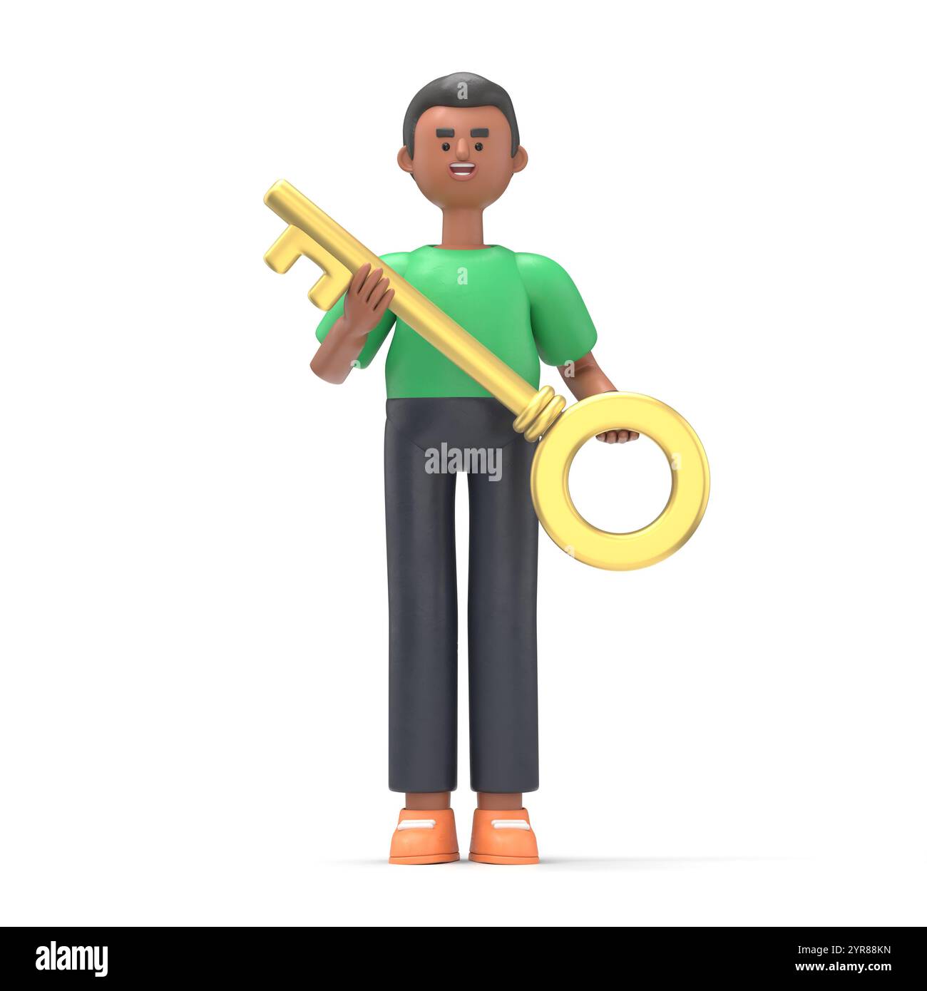 3D-Illustration eines gutaussehenden Afro-Mannes Davidn mit Dollar-Schlüssel. Banker. 3D-Zeichenabbildung.3D-Rendering auf weißem Hintergrund. Stockfoto