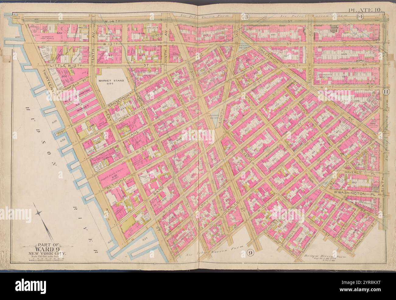 Karte begrenzt von W. 14th St., 6th Ave., Bedford St., Hudson River, Plate 10 1891 von Bromley, George Washington Stockfoto