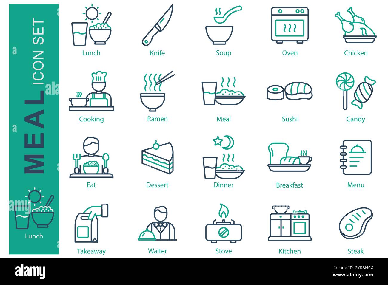 Menü-Symbol gesetzt. Liniensymbolstil. Mittagessen, Suppe, Huhn und mehr. Abbildung des Vektors der Mahlzeit Stock Vektor