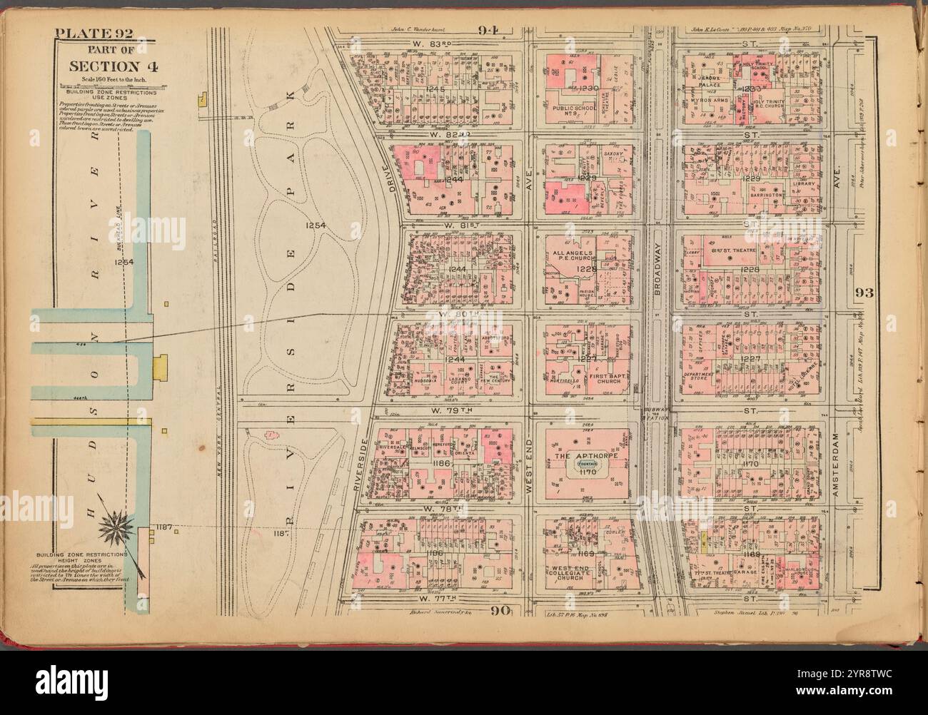 Platte 92, Teil von Abschnitt 4: [Begrenzt durch W. 83rd Street, Amsterdam Avenue, W. 77th Street und (Hudson River, Riverside Park) Riverside Drive] 1927 Stockfoto