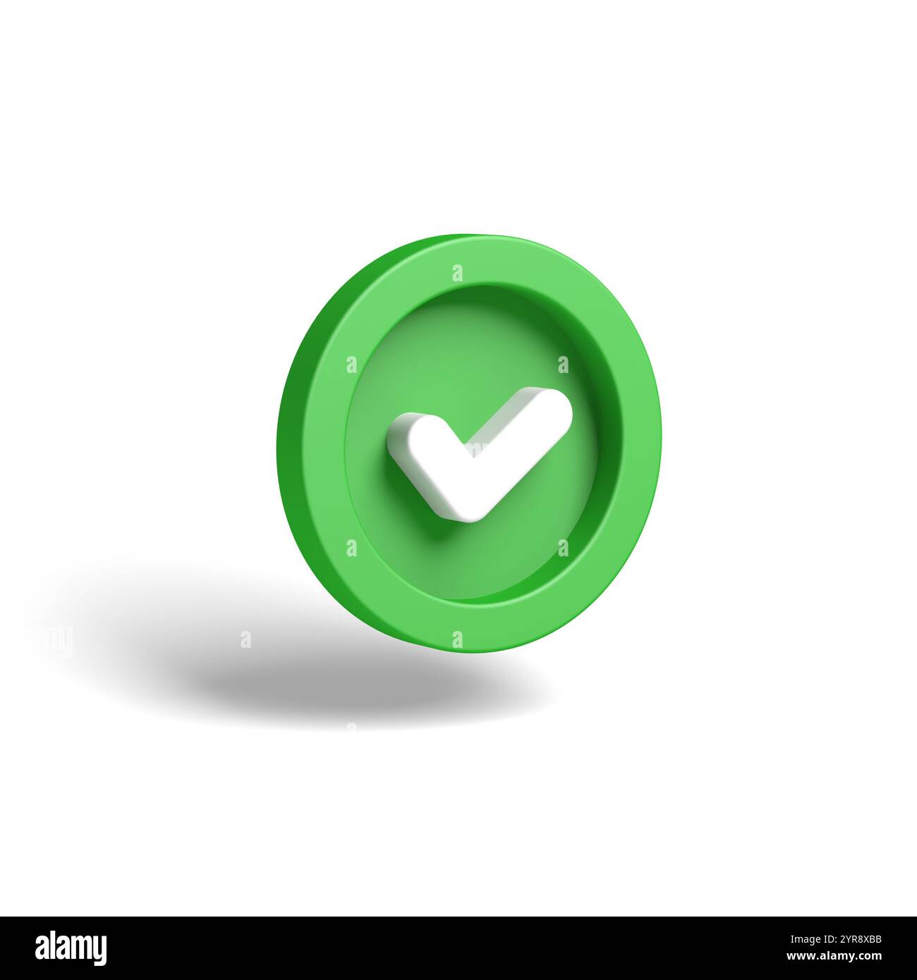 Grünes Häkchen auf weißem Hintergrund isoliert. Häkchen-Symbol. Kreis. 3D Abbildung. Stockfoto