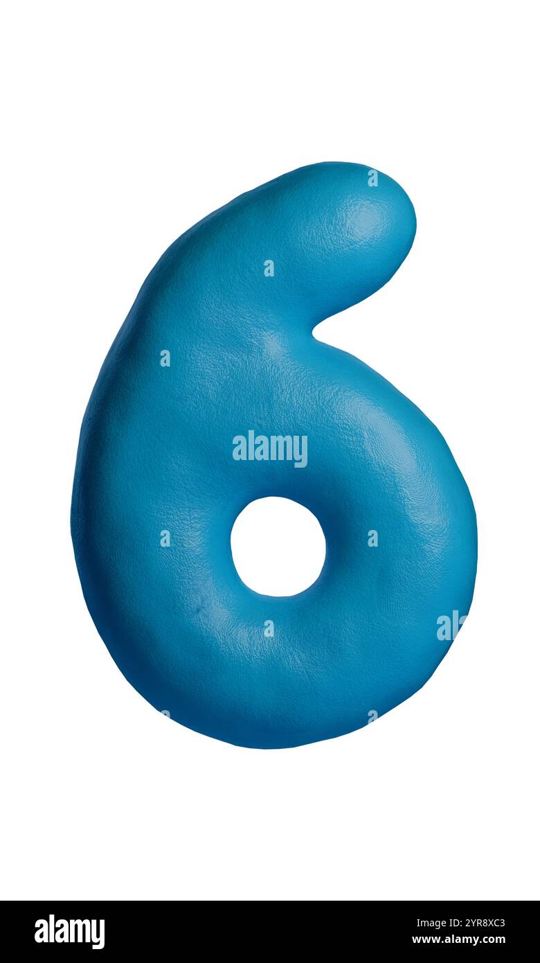 Blaue 3D-Nummer sechs mit realistischer Tonstruktur, die handgefertigtes Plastilin-Design nachahmt. Ziffer 6 isoliert auf weißem Hintergrund, ideal für kreative Zwecke Stockfoto