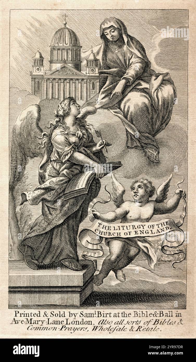 Illustration mit dem Titel die Liturgie des Chuch von England. Aus dem Buch des gemeinsamen Gebets, veröffentlicht um 1730. Stockfoto