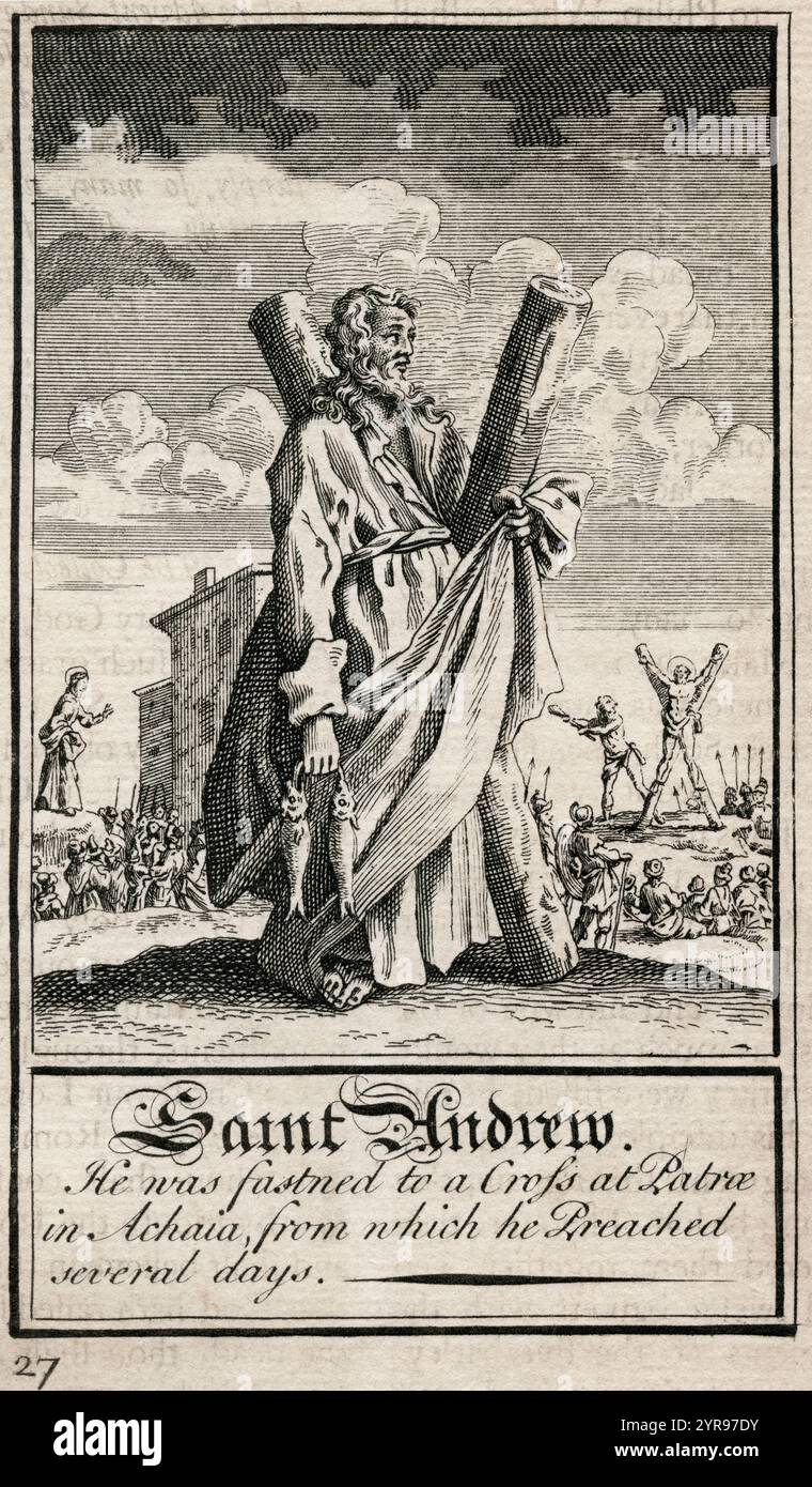 Andreas der Apostel. Andrew soll 60 n. Chr. durch Kreuzigung in Patras (Patræ) in Achaea zum Märtyrer erklärt worden sein. Aus dem Buch des gemeinsamen Gebets, veröffentlicht um 1730. Stockfoto