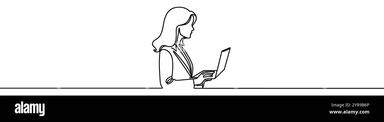 Minimalistische Vektor-Illustration einer Geschäftsfrau mit ihrem Laptop, gezeichnet mit einer einzigen Linie auf weißem Hintergrund Stock Vektor