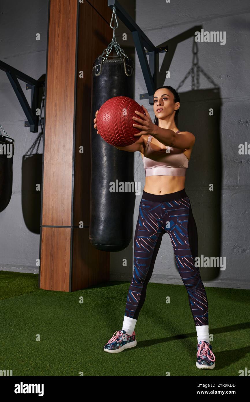 Eine fokussierte Frau nimmt an einem dynamischen Workout mit einem schweren Ball Teil, um Fitnessziele zu erreichen. Stockfoto