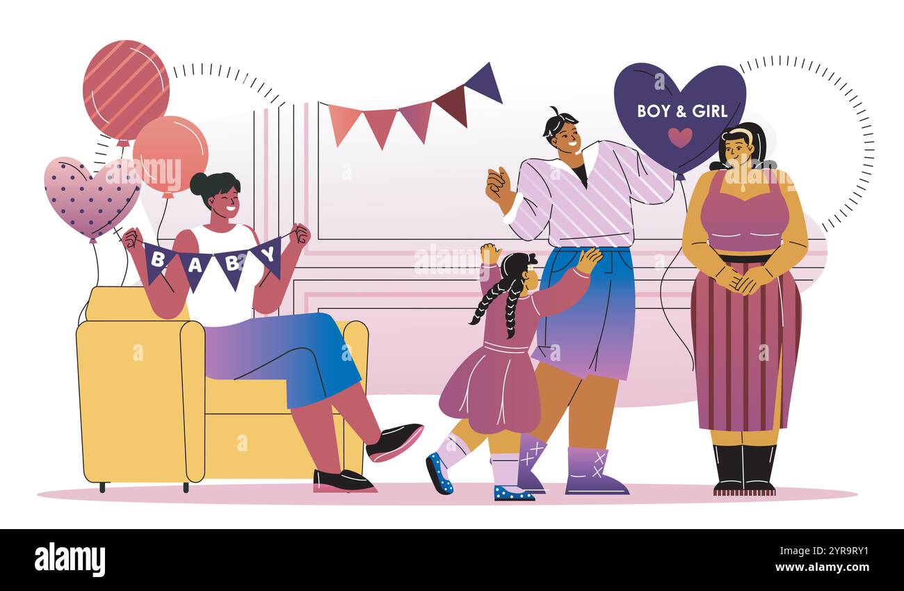 Babyparty. Mann und Frau tanzen mit Kindern. Werdende Mutter. Junge oder Mädchen enthüllen. Feier und Festival, Veranstaltung. Illustration des flachen Vektors Stock Vektor