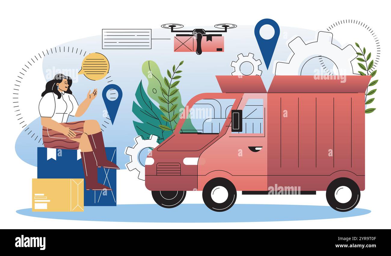 Autonomes Bereitstellungskonzept. Frau, die auf Kartonkisten in der Nähe von Truck und Drohne sitzt. Logistik und Transport, Versand. Illustration des flachen Vektors Stock Vektor