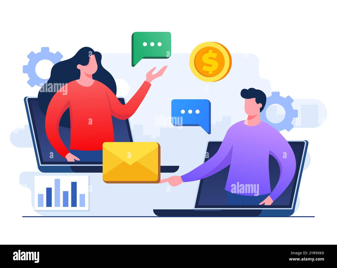 Geschäftsleute, die sich online vernetzen, Mitarbeiter, die Videoanrufe auf einem Laptop führen, Videokonferenz, Team Thinking und Brainstorming, Remote Working, Vir Stock Vektor