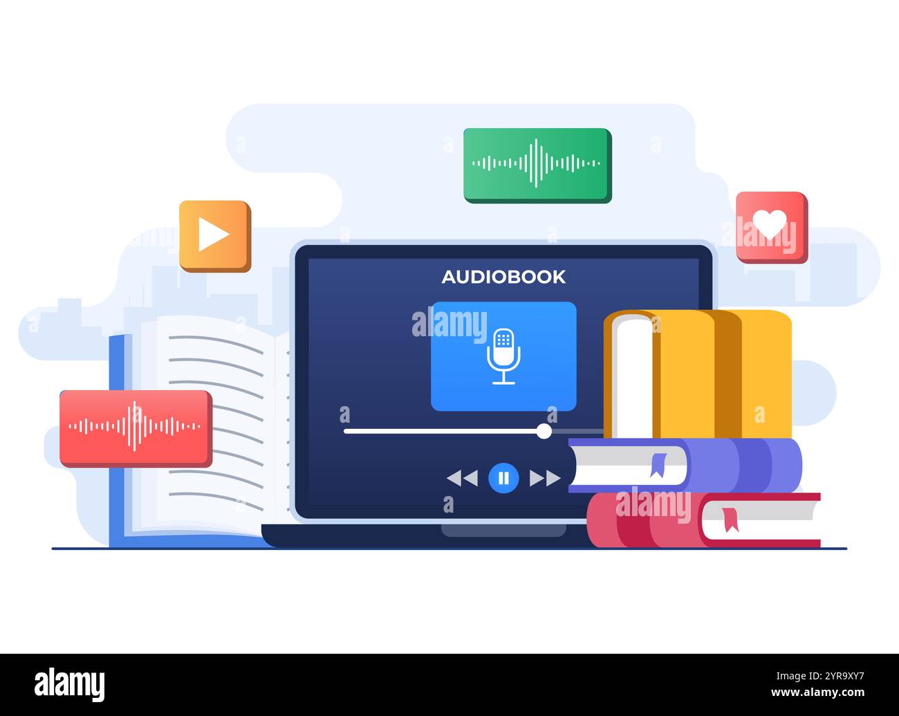Hörbuch online hören, Hörbuch-Anwendung auf Laptop-Bildschirm flache Illustration Vektorvorlage, Streaming-Service, Online-Musik-Player Stock Vektor