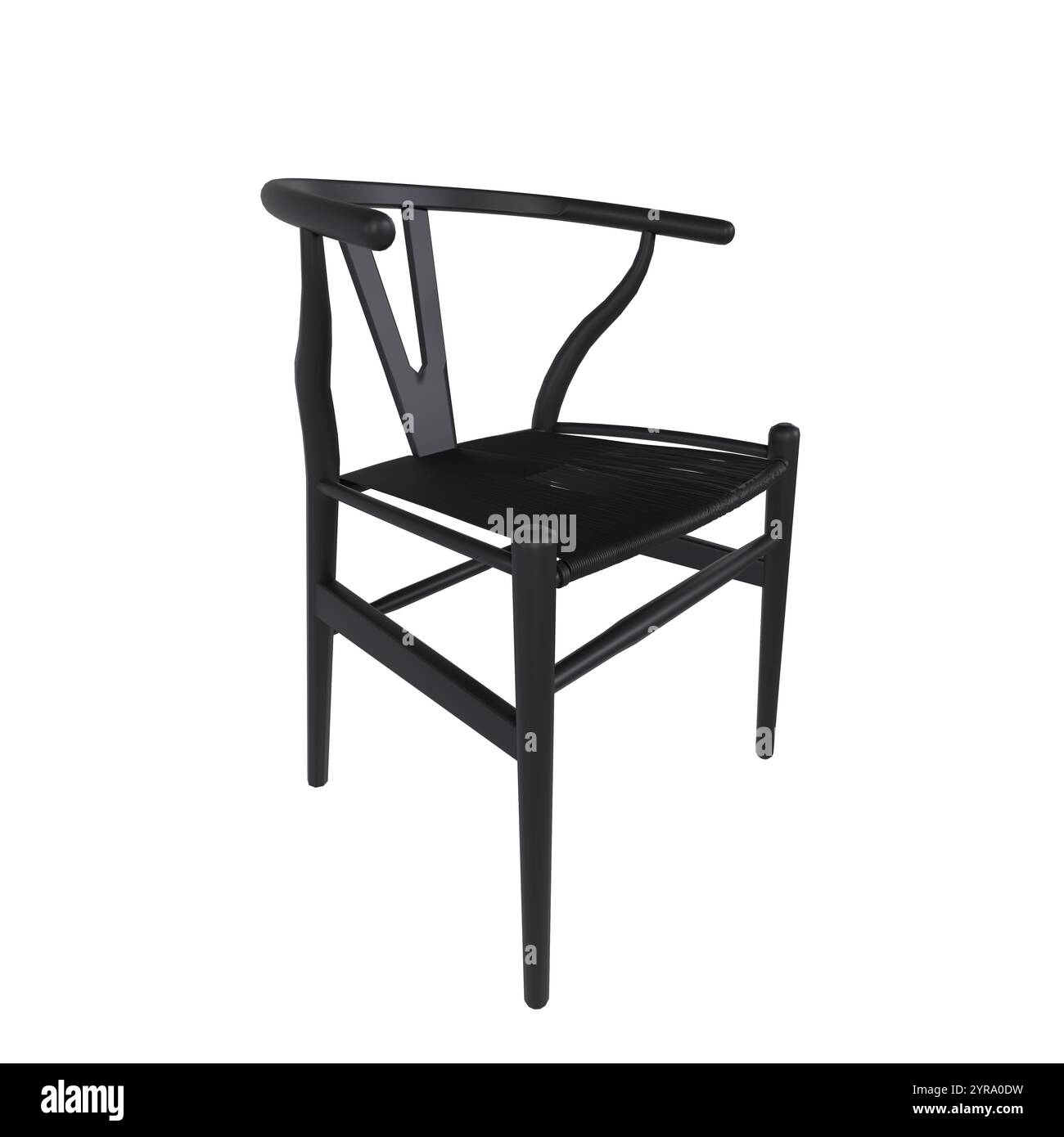 Ein schwarzer Holzstuhl mit schlanken Linien und eleganten Kurven präsentiert modernes Design. Stockfoto