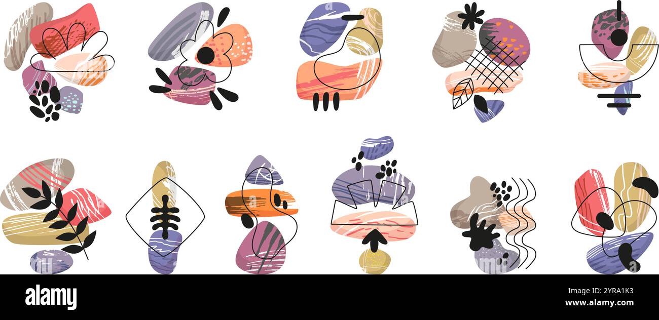 Abstrakte Balance-Steine-Kompositionen. Unterwasserkiesel dekorative Elemente, strukturierter glatter Stein und handgezeichnete Kunst. Minimale neoterische Vektorkunst Stock Vektor