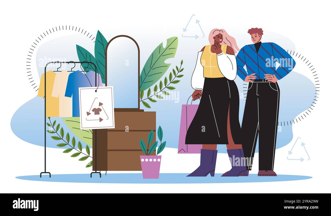 Nachhaltiges Modekonzept. Mann und Frau tragen Kleidung aus recycelten Materialien. Pflege von Natur und Umwelt. Illustration des flachen Vektors Stock Vektor