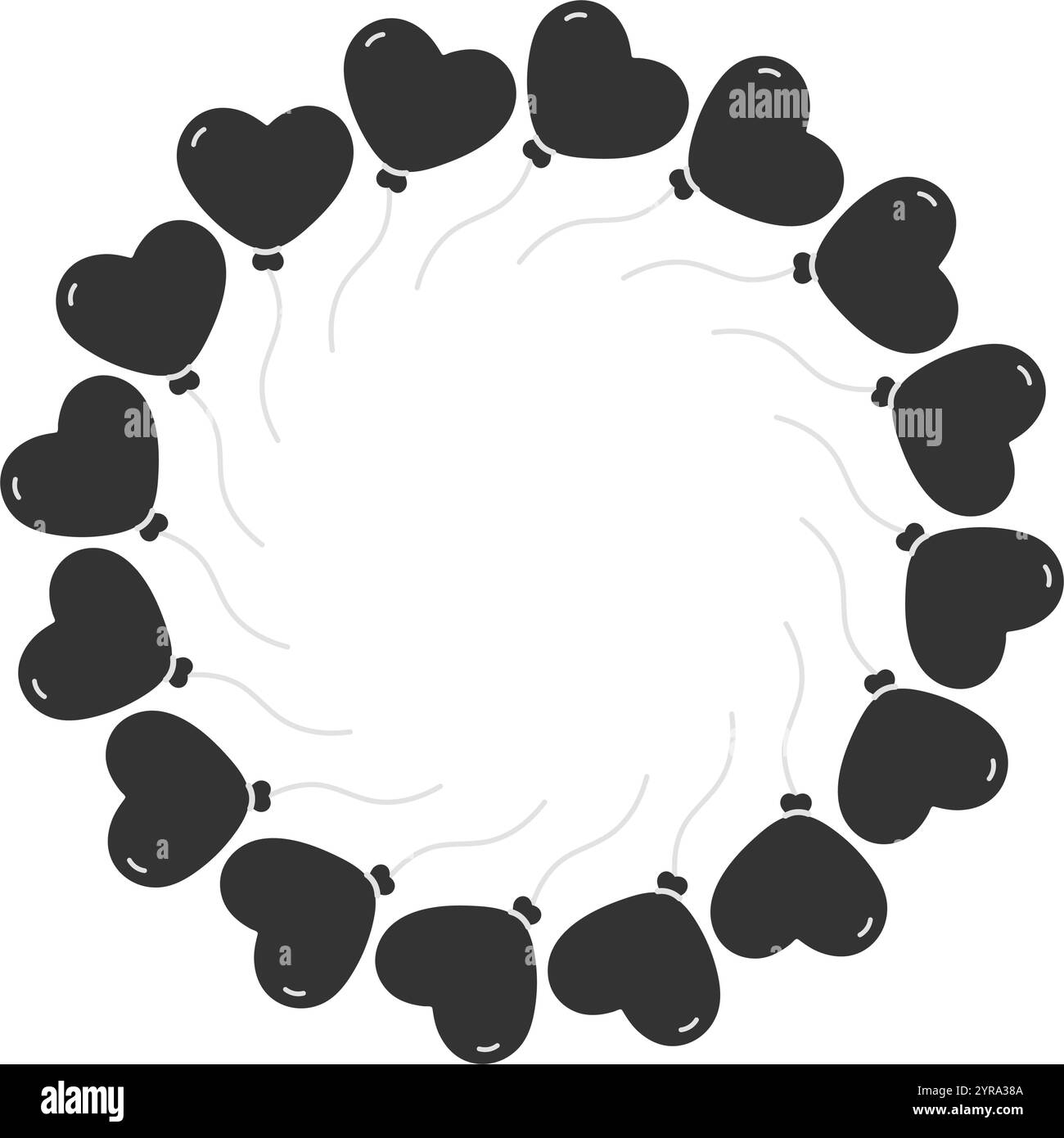 Ballon in dunkler Herzform auf der Schnur Kreisrahmen-Rahmenbegrenzung in Graustufen. Black Day oder Kartenvorlage. Isolierte Vektor-Illustration Thematische Karten, Posting, Blog oder Web-Promo, Faltblatt, Preisschild, Etikett Stock Vektor