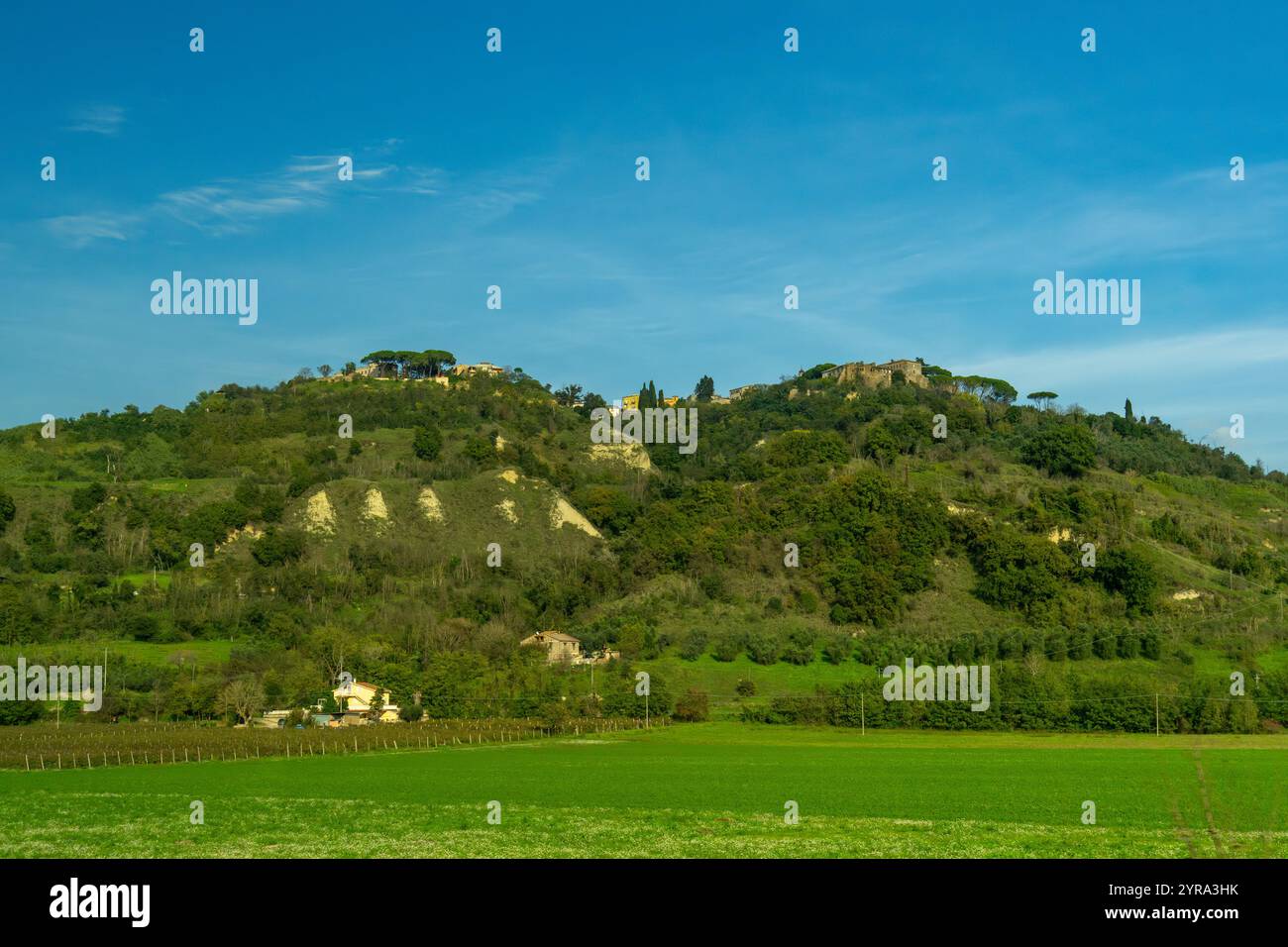 Eine mittelalterliche Stadt auf einem Hügel und Felder auf Bauernhöfen entlang der Autobahn A1 in der Toskana, Italien. Stockfoto