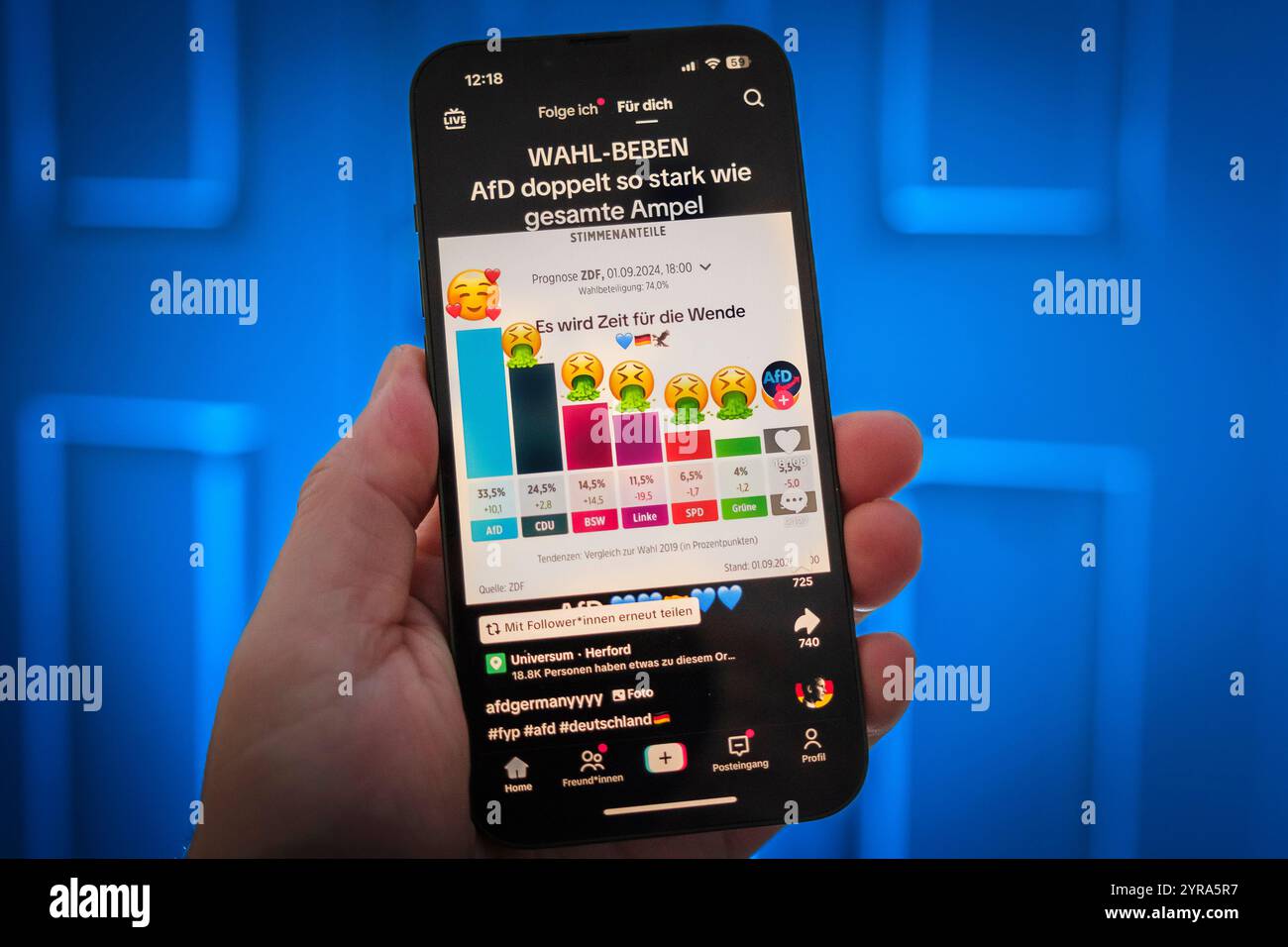 Hand mit Mobiltelefon, auf dem der TikTok-Kanal des AFD zu sehen ist Stockfoto