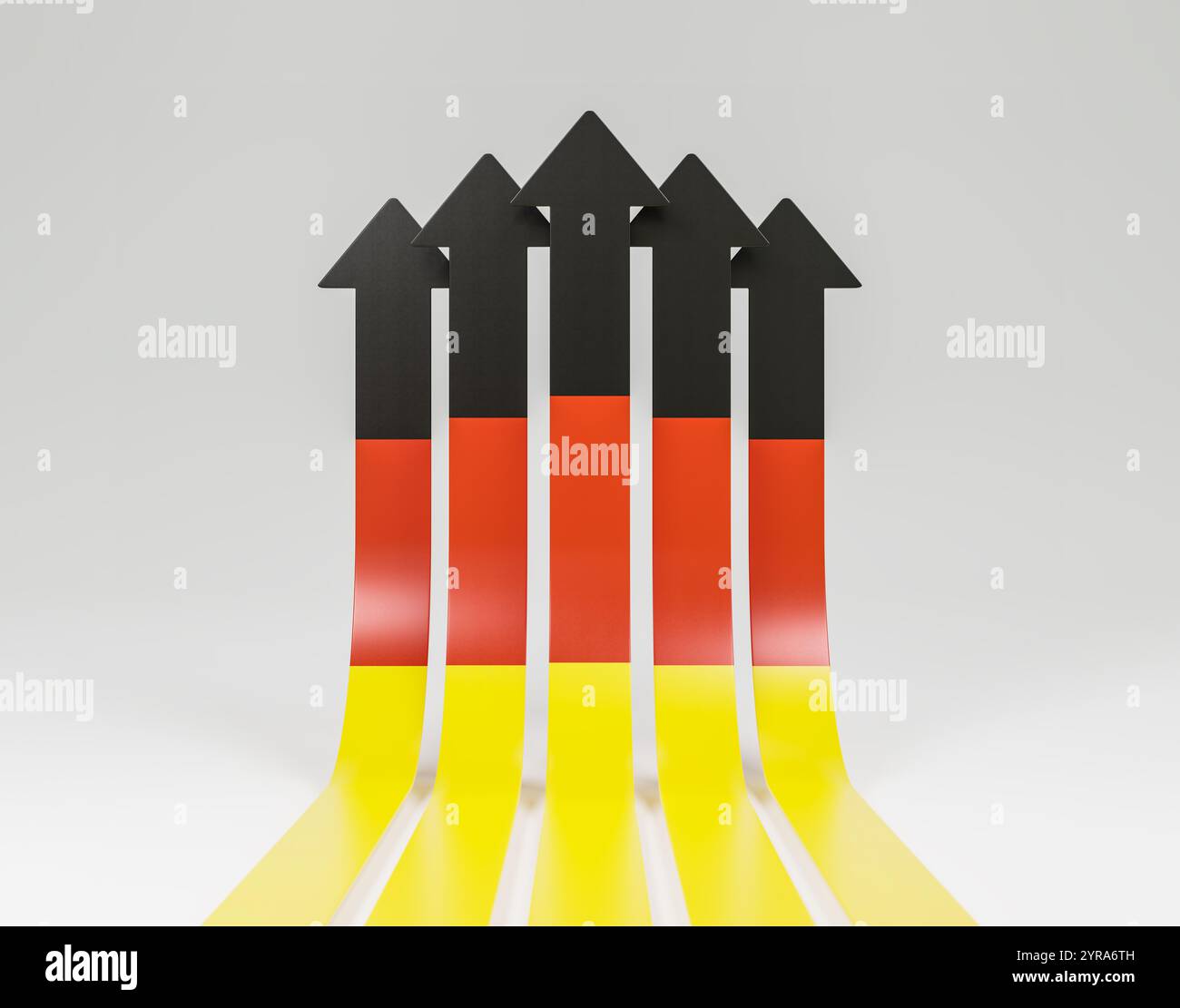 Fünf Bänder mit einer Pfeilspitze, die wie die deutsche Flagge nach oben zeigt. Konzept für den Erfolg Deutschlands, Made in Germany Stockfoto