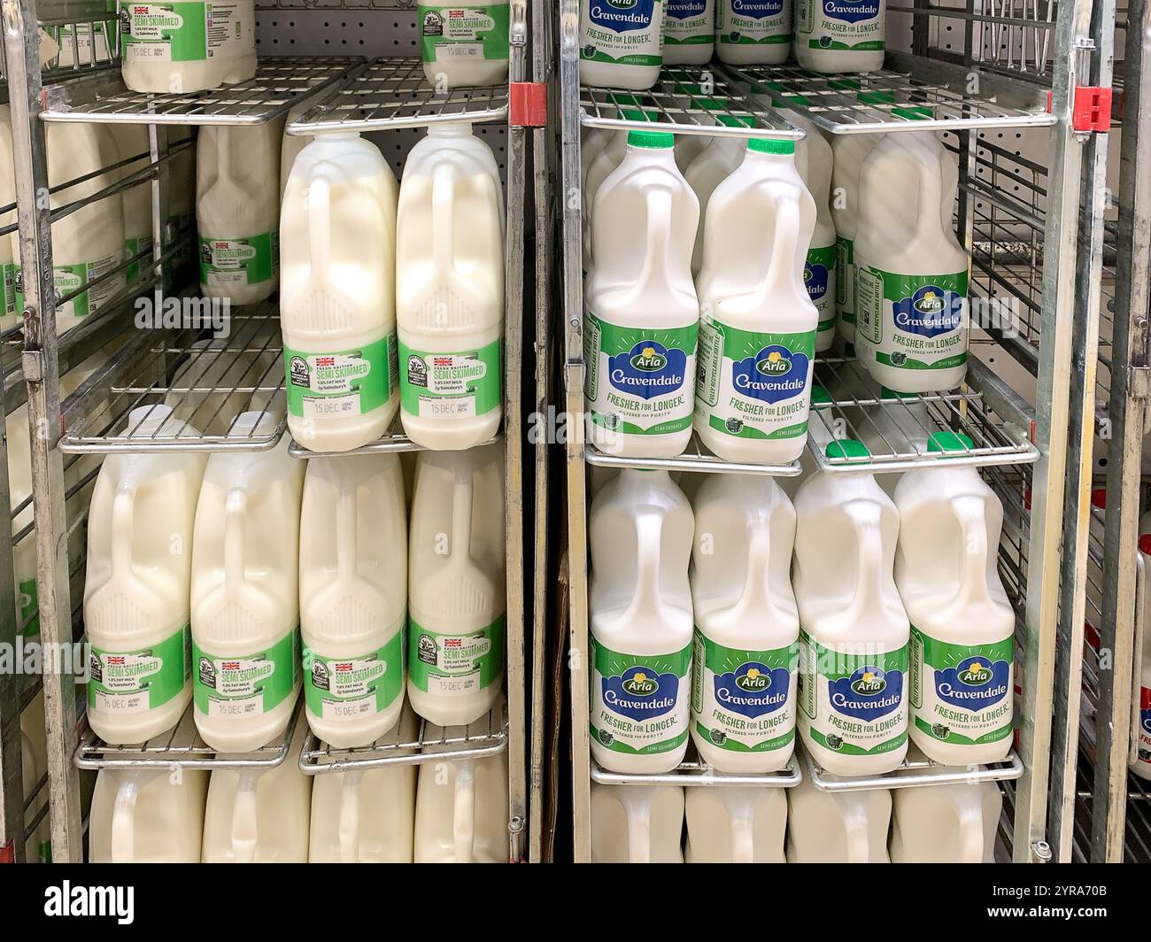 Taplow, Großbritannien. Dezember 2024. ARLA-Milch zum Verkauf in einem Supermarkt in Buckinghamshire. Die sozialen Medien sind voller Wut, nachdem behauptet wurde, dass Arla Foods, die Lieferanten von Milch und Butter für viele Supermärkte, ihren landwirtschaftlichen Zulieferern angeblich erlauben werde, methanreduzierenden Kuhfutterzusatzstoff Bovaer zu Viehfutter hinzuzufügen. Die Hinweise zur Handhabung von Bovaer besagt, dass der Wirkstoff 3-Nitrooxypropanol die männliche Fertilität und die Fortpflanzungsorgane schädigen kann. #BoycottArla hat sich bei X in den Trend gesetzt, da mehr Menschen stattdessen Bio-Milch und Produkte von mehr lokalen Bauernhöfen verwenden wollen. Kredit: Maureen McLean/Alam Stockfoto